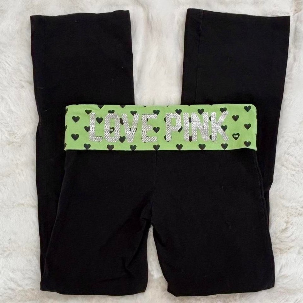 victoria's secret pink yoga fold over flare pants green hearts - Picture 4 of 8